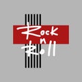 Isolated white Rock n Roll graffiti tag on a black and red cross on a gray background. Vector illustration.