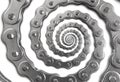 Isolated on white silver metal stainless chain twisted into spiral pattern background. Abstract chain mechanism swirl fractal. Sur