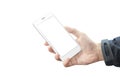 Isolated white smart phone in man hand. Silver side with volume button