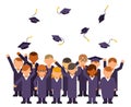 Isolated on white students crowd celebrate rejoice flying graduation hats group graduate solemn characters isolated on