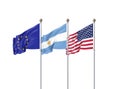 Isolated on white. Three realistic flags of European Union, USA United States of America and Argentina. 3d illustration Royalty Free Stock Photo