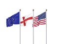 Isolated on white. Three realistic flags of European Union, USA United States of America and England. 3d illustration Royalty Free Stock Photo