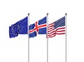 Isolated on white. Three realistic flags of European Union, USA United States of America and Iceland. 3d illustration Royalty Free Stock Photo