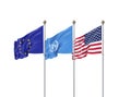 Isolated on white. Three realistic flags of European Union, USA United States of America and United Nations UN . 3d