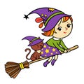 Isolated witch and her cat on a broomstick flying.