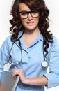 Woman doctor carrying a laptop Royalty Free Stock Photo