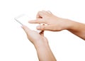 isolated woman hand hold and touch screen smart phone on white b Royalty Free Stock Photo