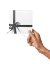 Isolated Woman Hands holding Holiday Present White Box with Grey Ribbon on a White Background Royalty Free Stock Photo