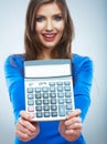 Isolated woman hold count machine. Isolated female portrait.