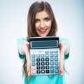 Isolated woman hold count machine. Isolated female portrait.