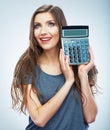 Isolated woman hold count machine. Isolated female portrait.