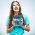 Isolated woman hold count machine. Isolated female portrait.