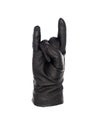 Isolated woman`s hand wearing a black leather glove in a horns gesture palm up Royalty Free Stock Photo