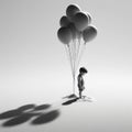 Isolated Wonder: Black and White Portrait of a Boy and His Balloon Royalty Free Stock Photo