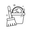 Isolated wooden broom and bucket with bubbles icon Vector