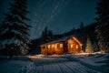 Isolated wooden cottage amid snow-laden conifers on a mountain clearing hidden within the forest in the winter - Starry night