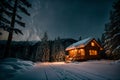 Isolated wooden cottage amid snow-laden conifers on a mountain clearing hidden within the forest in the winter - Starry night