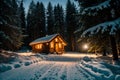 Isolated wooden cottage amid snow-laden conifers on a mountain clearing hidden within the forest in the winter - Starry night