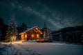 Isolated wooden cottage amid snow-laden conifers on a mountain clearing hidden within the forest in the winter - Starry night