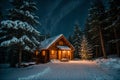 Isolated wooden cottage amid snow-laden conifers on a mountain clearing hidden within the forest in the winter - Starry night