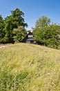 Isolated wooden house between trees