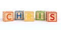 Isolated wooden toy cubes with letters with name chris