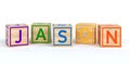 Isolated wooden toy cubes with letters with name jason