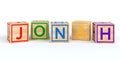 Isolated wooden toy cubes with letters with name jonah