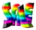 Isolated word `SALE`. Rainbow textured letters on a white background.