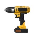 Isolated yellow drill. Industrial 3D hand tool. Cordless screwdriver. Icon of fix service instrument. Building repair