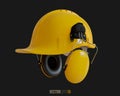 Isolated yellow hard hat with ear defenders. Realistic 3D Vector Illustration