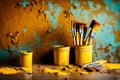 Isolated yellow paint bucket with painting brushes infront of solid color rusty wall, texture, HD background. Royalty Free Stock Photo