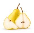 Isolated yellow pear fruits. Two pears and a piece isolated on white background with clipping path.