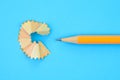 Isolated yellow pencil and shavings Royalty Free Stock Photo