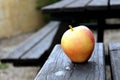 An isolated yellow and red apple on a table