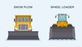 Isolated yellow snow plow and wheel loader truck front view. Royalty Free Stock Photo