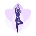 Isolated yoga label with Tree pose and flower of lotus. Isolated woman silhouette standing with abstract violet grunge paintbrus