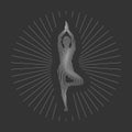 Isolated yoga label with Tree pose from waves lines. Isolated woman silhouette in gray. Logo of yoga pose