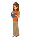 Isolated young caucasian girl reading a book vector illustration. a teen wearing glasses, an orange blouse and a long taupe skirt Royalty Free Stock Photo