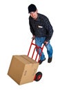 Isolated young delivery man with his hand truck 02