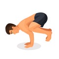 Isolated young man in good physical shape makes bakasana pose