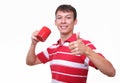 Isolated young man with red coffee cup