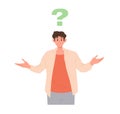 Young uncertain man cartoon character with huge question mark pondering having problem or trouble