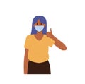 Isolated young woman cartoon character wearing medical facial mask respirator gesturing thumbs-up