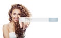 Isolated young woman student pointing to empty address bar in virtual web browser Royalty Free Stock Photo