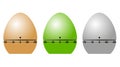 Isolates of kitchen timers in the form of eggs, the color of bronze, metal and green. Vector isolates on a white background.