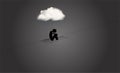 Sad stick person sitting under cloud above head, in dark place