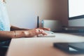 Isolation girl working at home computer, freelancer designer typing on keyboard, finger female hands texting message, education