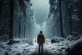 Isolation impact snow covered forest triggers psychological exploration for lone traveler