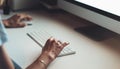 Isolation person working home computer, student typing on keyboard, female hands texting message, online internet concept in works Royalty Free Stock Photo